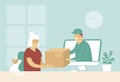 Courier giveÃÂ cardboard box from computer monitor display to elderly senior woman Royalty Free Stock Photo